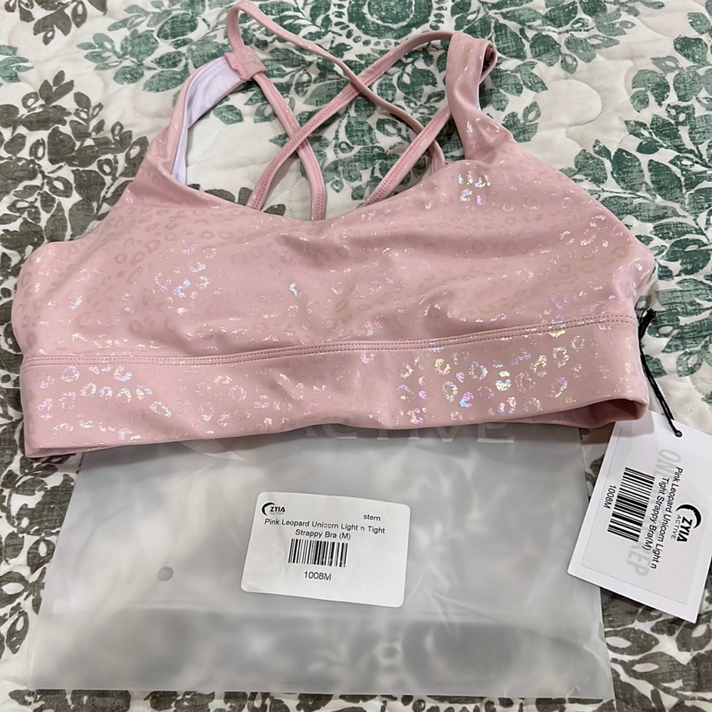 NWT Zyia pink leopard sports bra size M